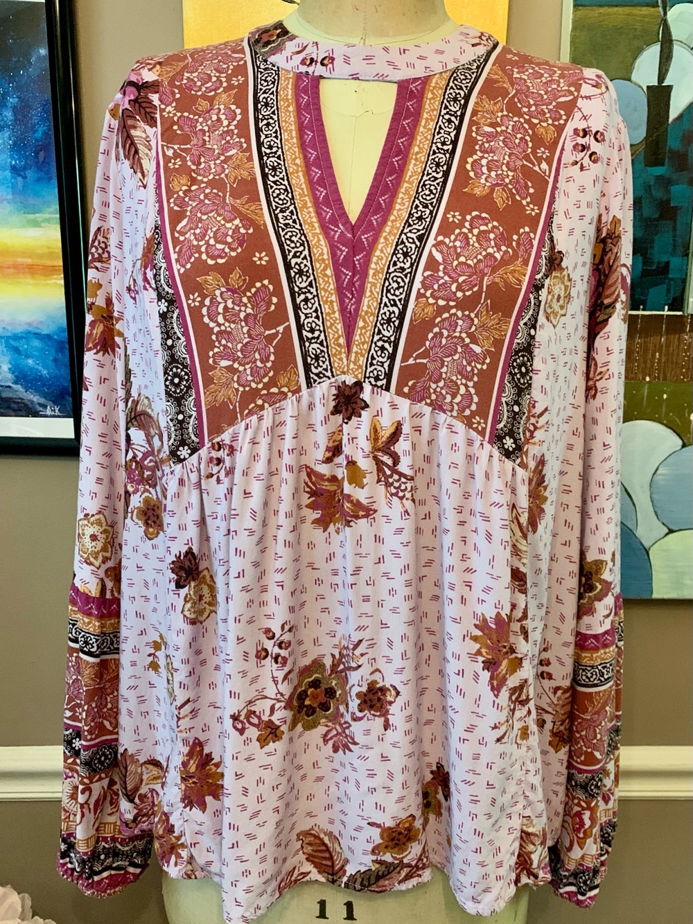 Maurices Boho Mixed Floral Paisley Print Keyhole Blouse Top Large
